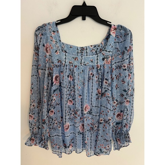 LC Lauren Conrad Tops - LC Romantic Blue Floral Square Neck Blouse Long Sleeve Ruffle Cuff Top Medium